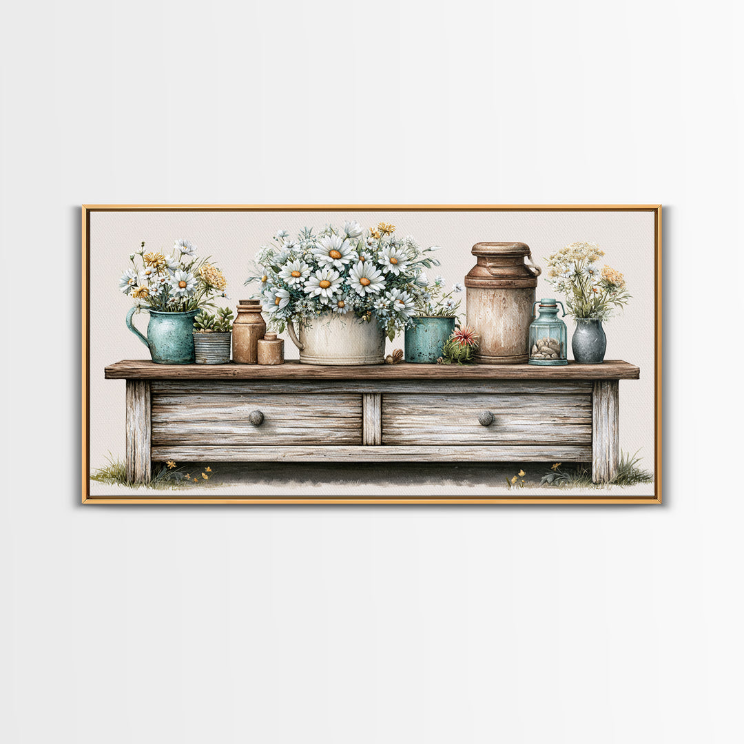 Weathered Barn Wood and Wildflower Still Life Framed Canvas Print, Rustic Art, Digital Art, Farmhouse Decor, Oil Painting, RUS-2x1-45