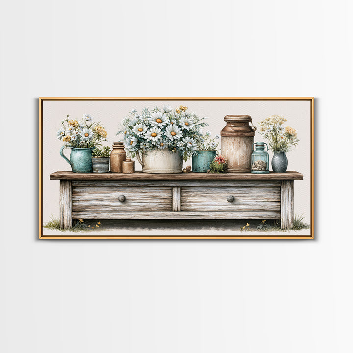 Weathered Barn Wood and Wildflower Still Life Framed Canvas Print, Rustic Art, Digital Art, Farmhouse Decor, Oil Painting, RUS-2x1-45