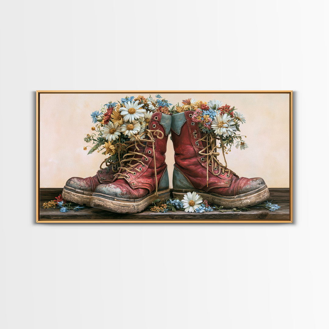 Old Boots Filled Framed Canvas Print, Rustic Art, Minimalist Decor, Farmhouse Decor, Oil Painting, Rustic, Printable Art, RUS-2x1-50