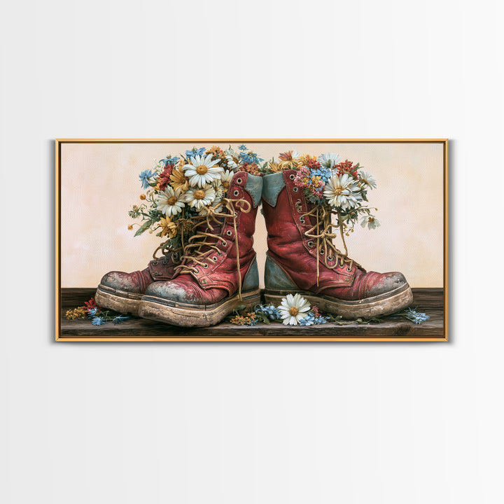 Old Boots Filled Framed Canvas Print, Rustic Art, Minimalist Decor, Farmhouse Decor, Oil Painting, Rustic, Printable Art, RUS-2x1-50