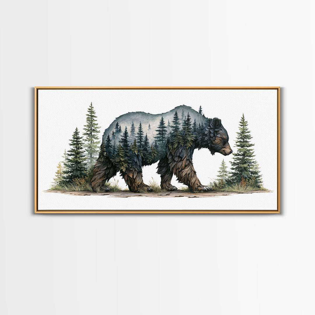 Bear Silhouette Among Pine Trees Framed Canvas Print, Rustic Art, Farmhouse Decor, Watercolor Art, Rustic, Gallery Wall Art, RUS-2x1-51