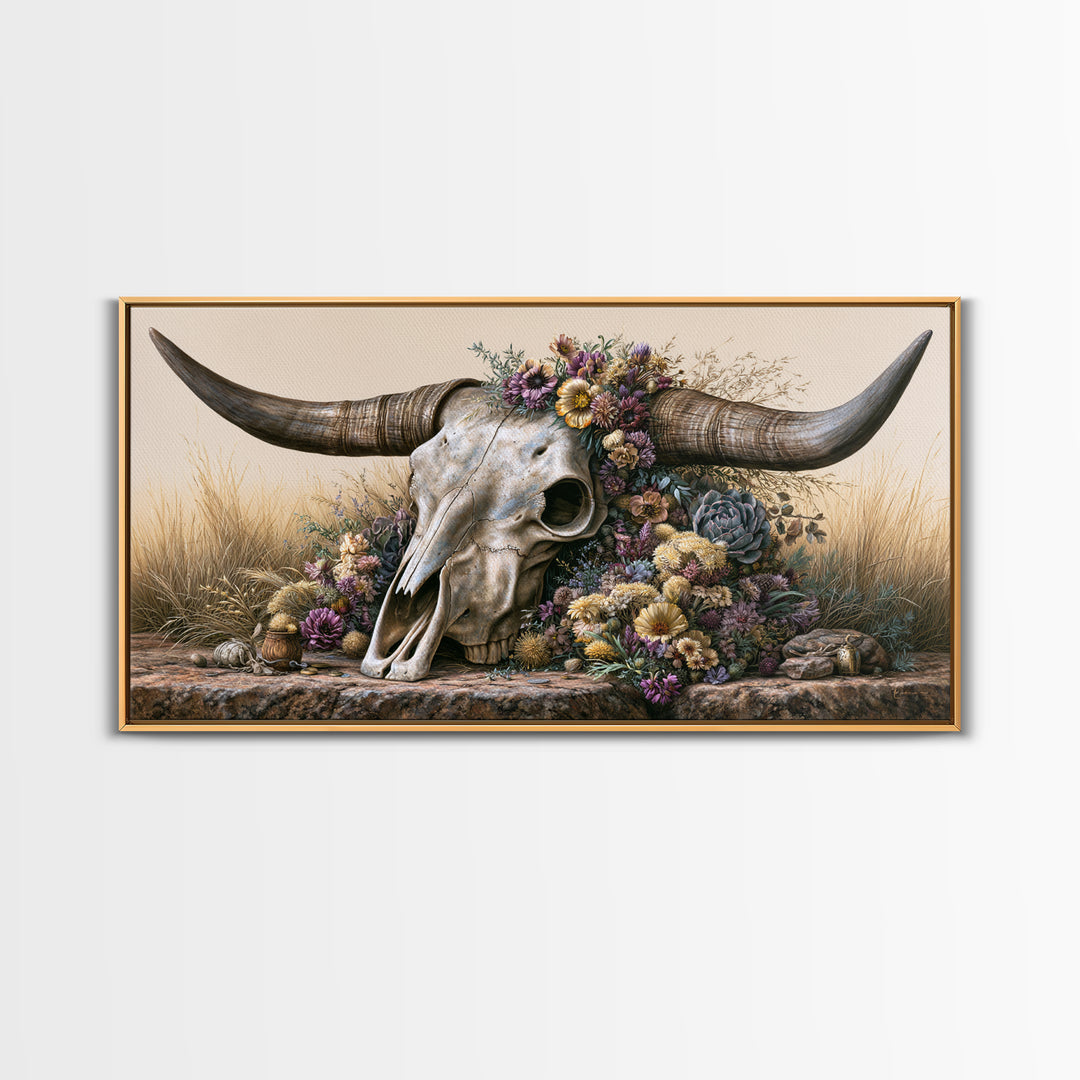 Cow Skull with Desert Flowers Canvas Print, Rustic Art, Digital Prints, Farmhouse Decor, Fine Art, Rustic, 3d Wall Art, RUS-2x1-61
