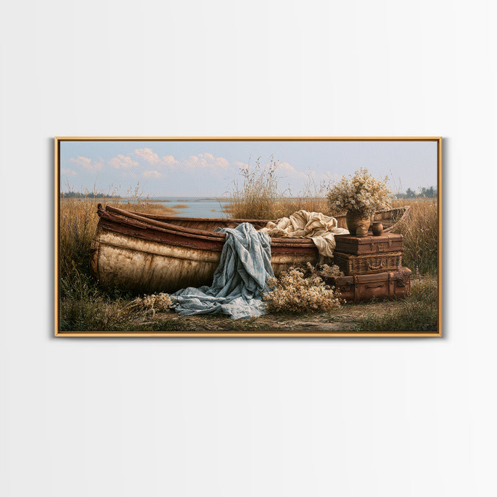 Old Canoe Pulled Onto a Lake Shore Canvas Print, Rustic Art, Printable Wall Art, Farmhouse Decor, Oil Painting, Rustic, RUS-2x1-64
