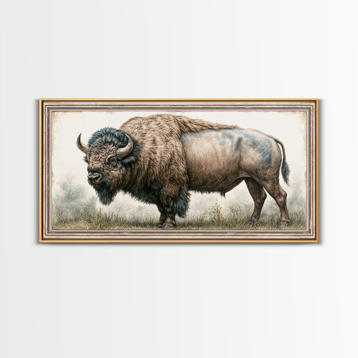 Buffalo Portrait with Western Texture Canvas Print, Rustic Art, Textured Painting, Farmhouse Decor, Fine Art, Rustic, RUS-2x1-66