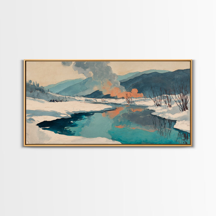 Winter Mountain Scene Framed Canvas Print, Rustic Art, Downloadable Art, Farmhouse Decor, Fine Art, Rustic, Textured Painting, RUS-2x1-67