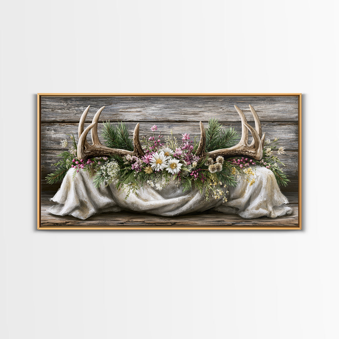 Deer Antlers with Pine Branches and Berries Canvas Print, Rustic Art, Painting, Farmhouse Decor, Oil Painting, Rustic, RUS-2x1-70