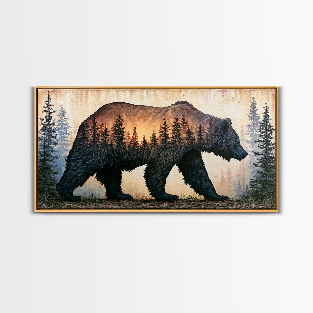 Bear Silhouette Among Pine Trees Framed Canvas Print, Rustic Art, Statement Artwork, Farmhouse Decor, Fine Art, Rustic, RUS-2x1-75