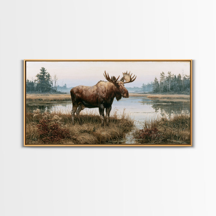 Moose Standing by a Quiet Lake Canvas Print, Rustic Art, Oil Painting, Farmhouse Decor, Fine Art, Rustic, Modern Art, RUS-2x1-77