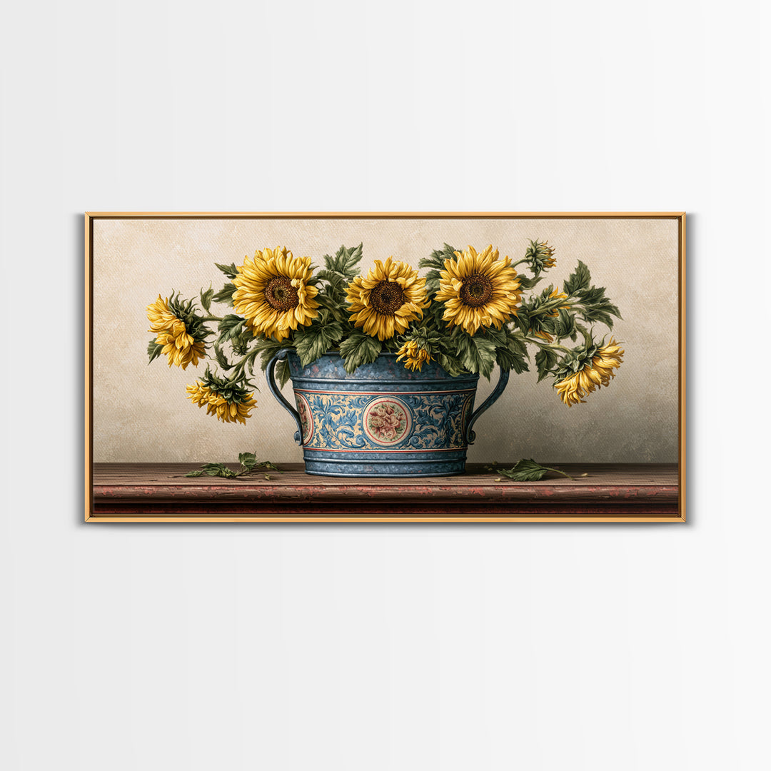 Sunflowers in a Metal Bucket Framed Canvas Print, Rustic Art, 3d Wall Art, Farmhouse Decor, Oil Painting, Rustic, RUS-2x1-80