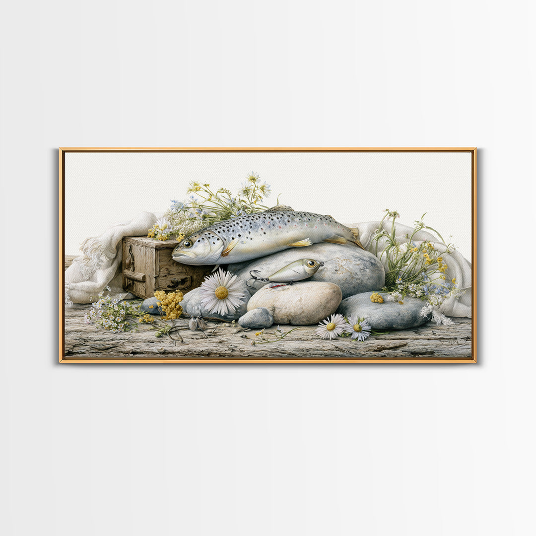 Trout Fishing Lure and River Stones Canvas Print, Rustic Art, Wall Art, Farmhouse Decor, Fine Art, Rustic, Living Room Decor, RUS-2x1-82