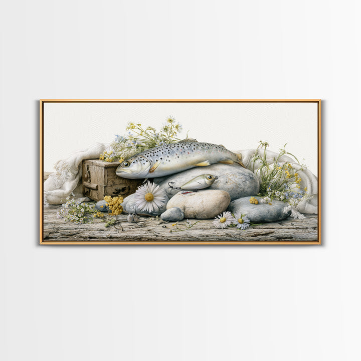 Trout Fishing Lure and River Stones Canvas Print, Rustic Art, Wall Art, Farmhouse Decor, Fine Art, Rustic, Living Room Decor, RUS-2x1-82