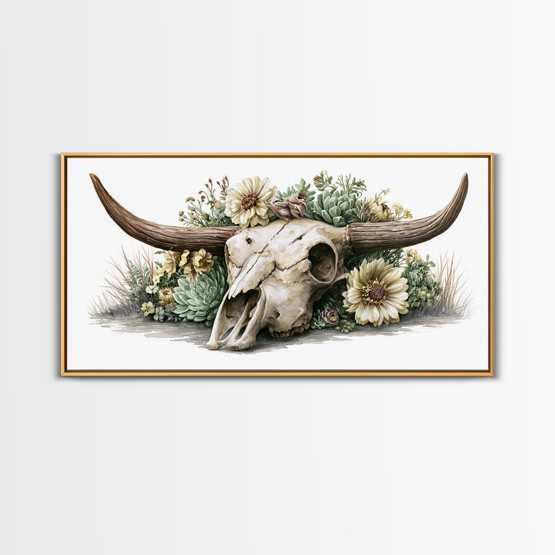 Cow Skull with Desert Flowers Framed Canvas Print, Rustic Art, Wood Wall Art, Farmhouse Decor, Rustic, Eclectic Wall Art, RUS-2x1-85