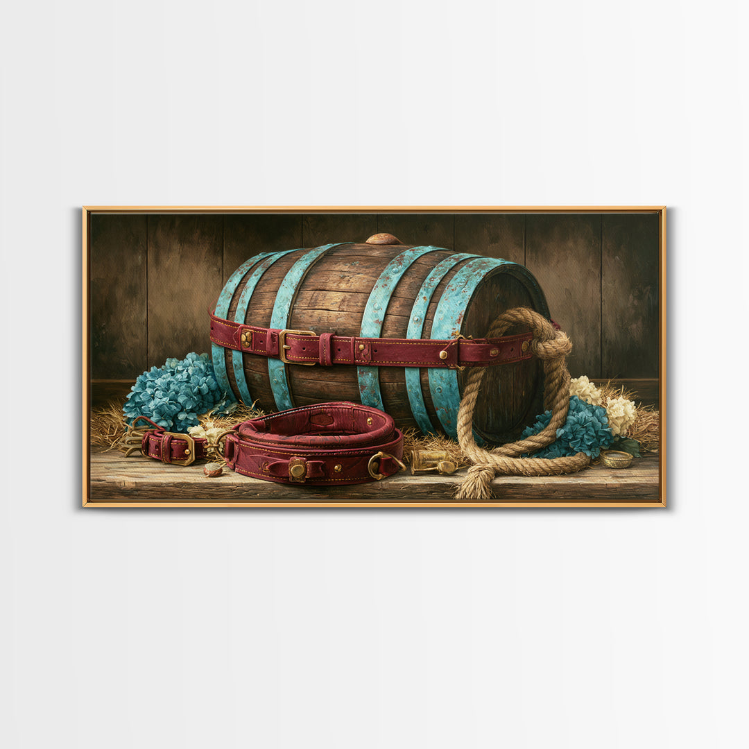 Whiskey Barrel and Leather Still Life Framed Canvas Print, Rustic Art, Landscape Painting, Farmhouse Decor, Fine Art, Rustic, RUS-2x1-87