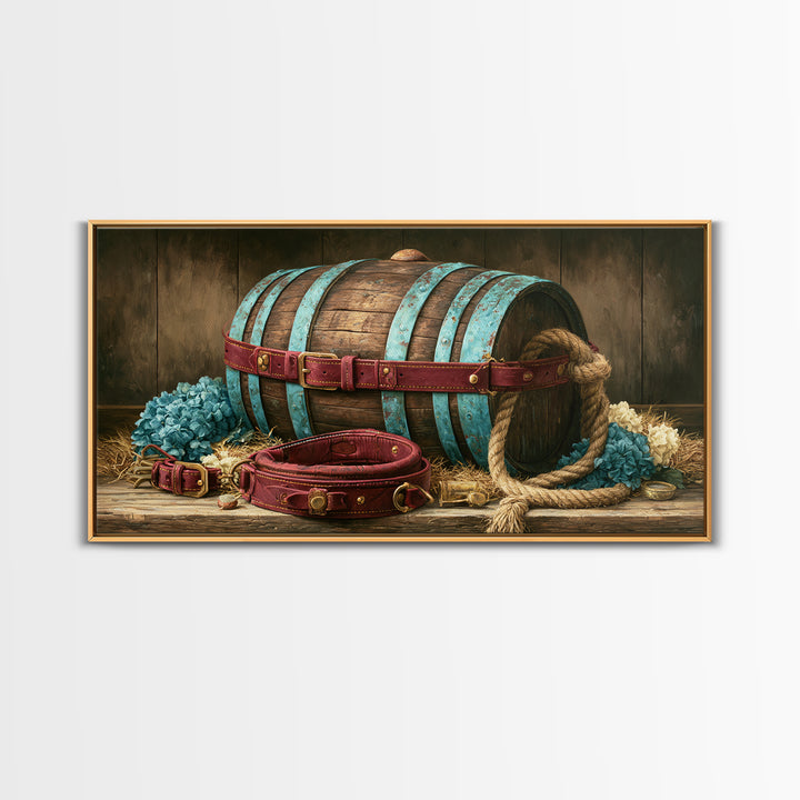 Whiskey Barrel and Leather Still Life Framed Canvas Print, Rustic Art, Landscape Painting, Farmhouse Decor, Fine Art, Rustic, RUS-2x1-87