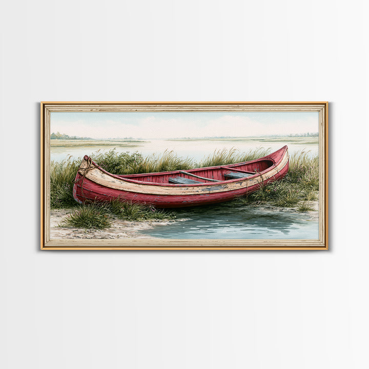 Old Canoe Pulled Onto a Lake Shore Framed Canvas Print, Rustic Art, Farmhouse Decor, Fine Art, Rustic, Gallery Wall Art, RUS-2x1-88