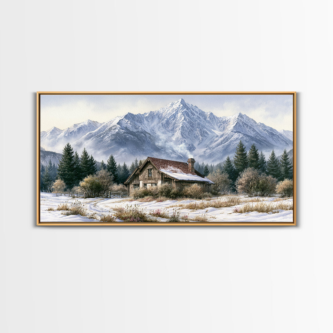 Winter Mountain Scene Framed Canvas Print, Rustic Art, Printable Wall Art, Farmhouse Decor, Watercolor Art, Rustic, Wood Art, RUS-2x1-91