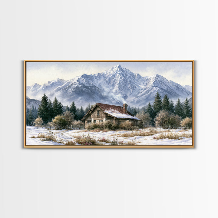 Winter Mountain Scene Framed Canvas Print, Rustic Art, Printable Wall Art, Farmhouse Decor, Watercolor Art, Rustic, Wood Art, RUS-2x1-91
