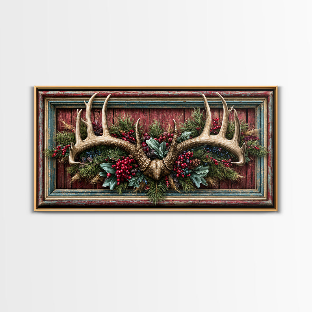 Deer Antlers with Pine Branches and Berries Canvas Print, Rustic Art, Painting, Farmhouse Decor, Oil Painting, Rustic, RUS-2x1-94