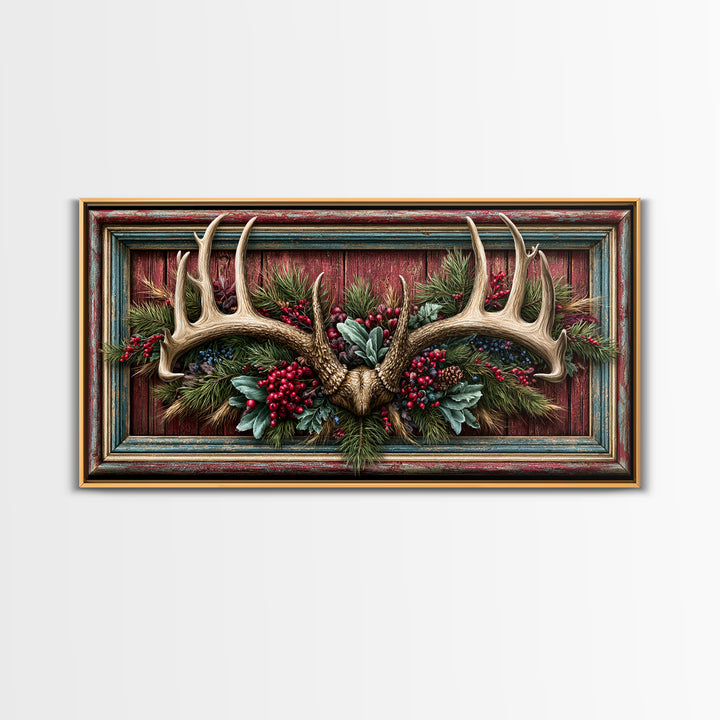 Deer Antlers with Pine Branches and Berries Canvas Print, Rustic Art, Painting, Farmhouse Decor, Oil Painting, Rustic, RUS-2x1-94