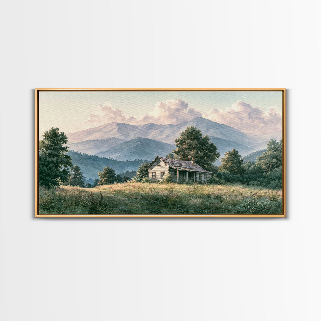Mountain Cabin Landscape Framed Canvas Print, Rustic Art, Living Room Art, Farmhouse Decor, Oil Painting, Rustic, RUS-2x1-95