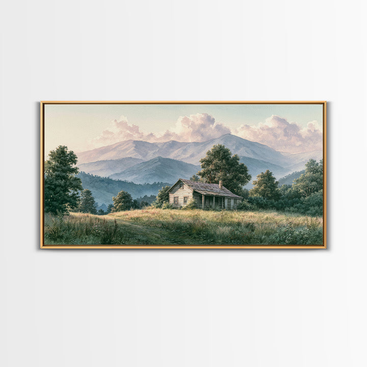 Mountain Cabin Landscape Framed Canvas Print, Rustic Art, Living Room Art, Farmhouse Decor, Oil Painting, Rustic, RUS-2x1-95