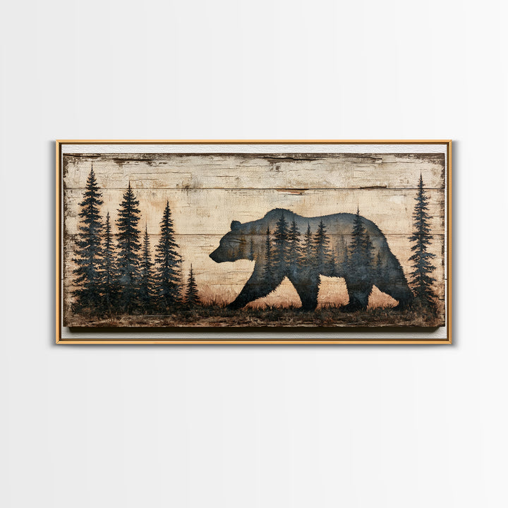 Bear Silhouette Among Pine Trees Framed Canvas Print, Rustic Art, Abstract Wall Art, Farmhouse Decor, Fine Art, Rustic, RUS-2x1-99