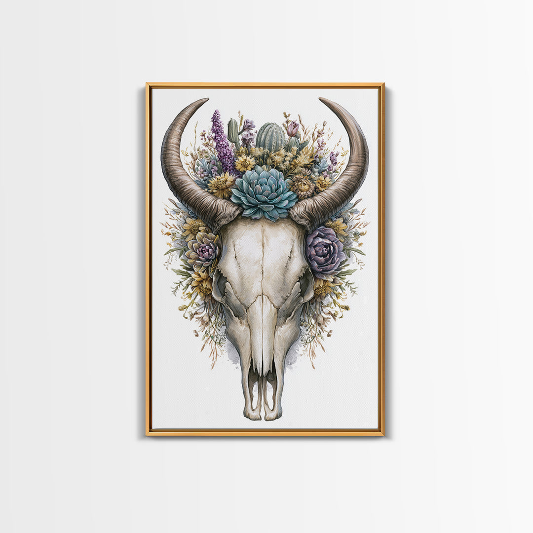 Cow Skull with Desert Flowers Framed Canvas Print, Rustic Art, Wall Art, Farmhouse Decor, Oil Painting, Rustic, RUS-2x3-1
