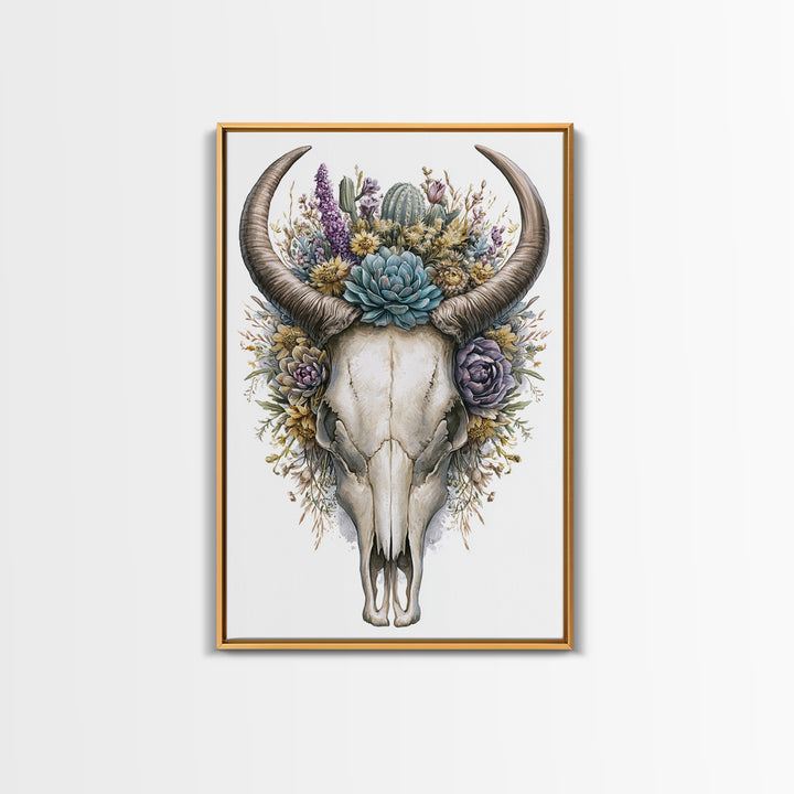 Cow Skull with Desert Flowers Framed Canvas Print, Rustic Art, Wall Art, Farmhouse Decor, Oil Painting, Rustic, RUS-2x3-1