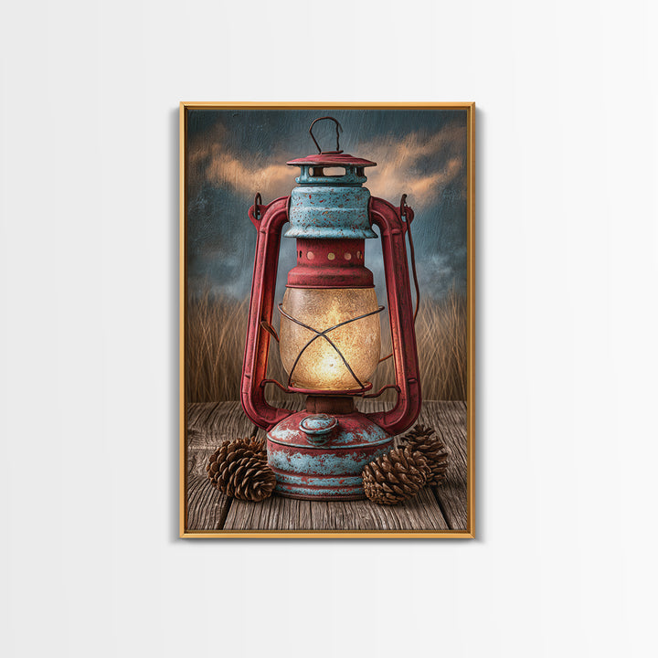 Rustic Lantern Glowing Beside Pinecones Framed Canvas Print, Rustic Art, Minimalist Decor, Farmhouse Decor, Oil Painting, RUS-2x3-12