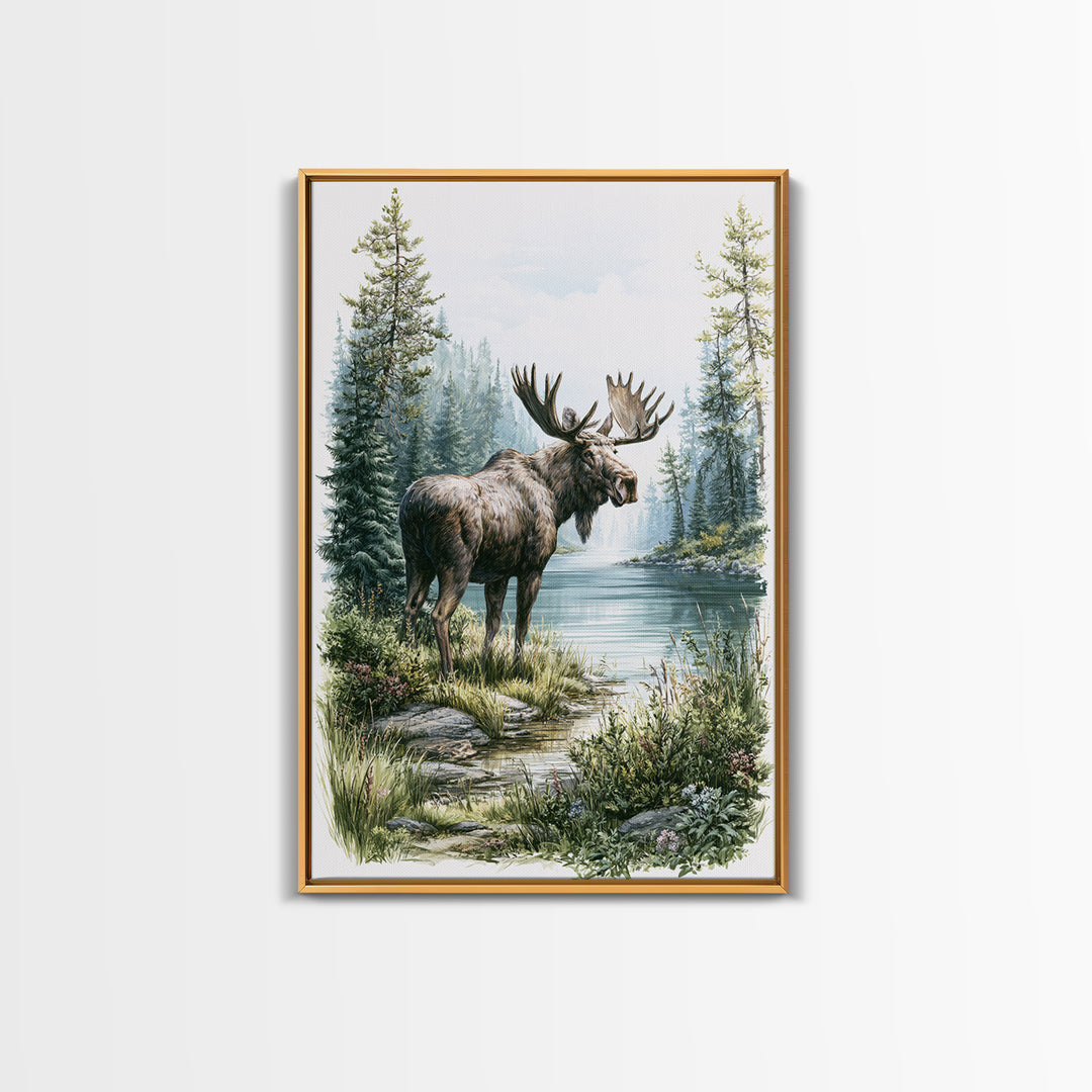 Moose Standing by a Quiet Lake Framed Canvas Print, Rustic Art, Digital Prints, Farmhouse Decor, Fine Art, Rustic, 3d Wall Art, RUS-2x3-17