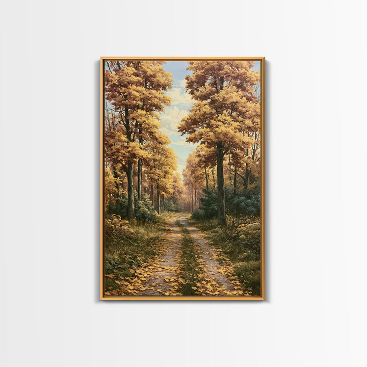Forest Path with Golden Autumn Leaves Framed Canvas Print, Rustic Art, Statement Artwork, Farmhouse Decor, Fine Art, Rustic, RUS-2x3-2