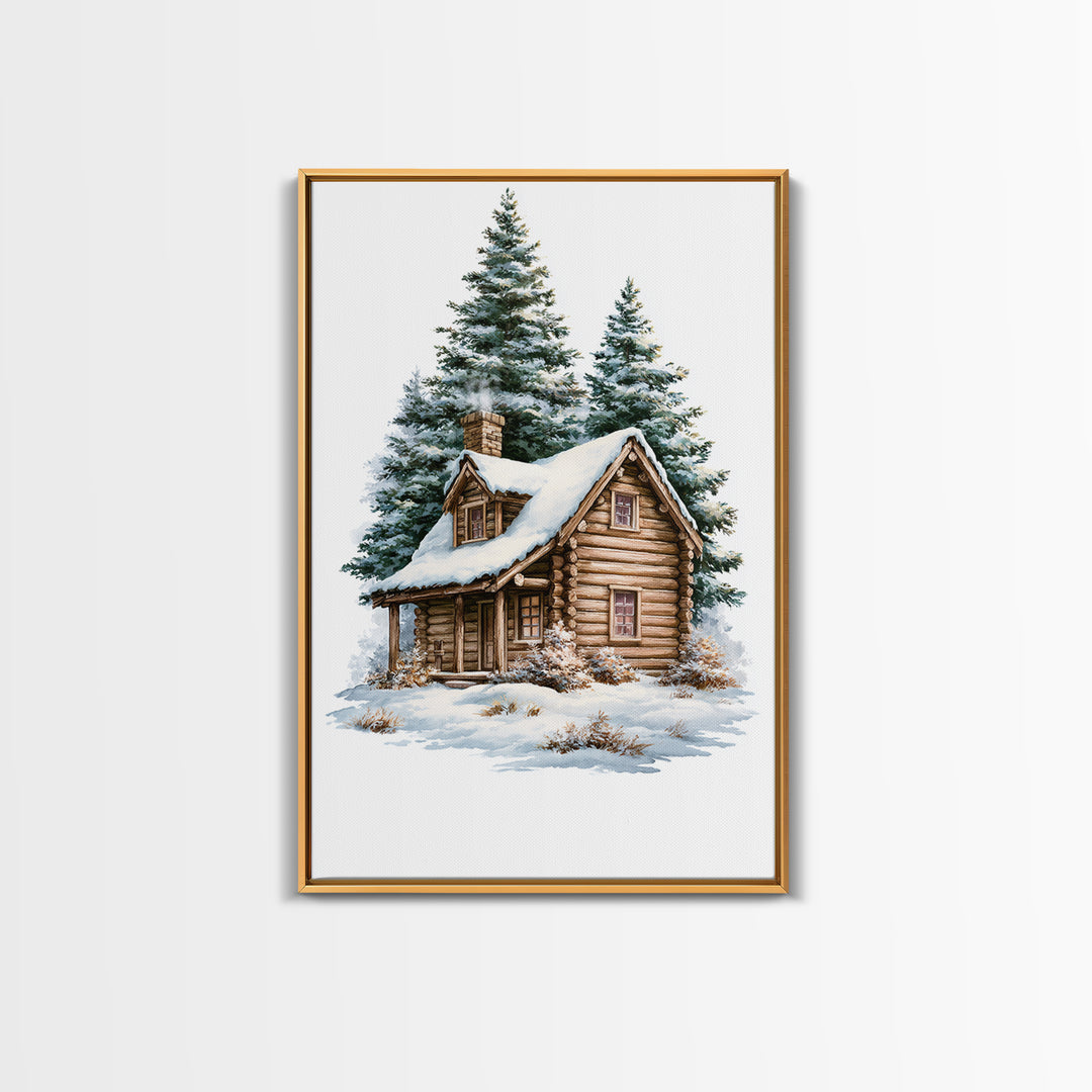 Log Cabin with Snowy Pines Canvas Print, Rustic Art, Luxury Decor, Farmhouse Decor, Fine Art, Rustic, Printable Wall Art, RUS-2x3-23