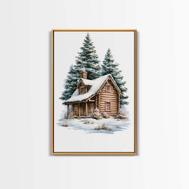Log Cabin with Snowy Pines Canvas Print, Rustic Art, Luxury Decor, Farmhouse Decor, Fine Art, Rustic, Printable Wall Art, RUS-2x3-23