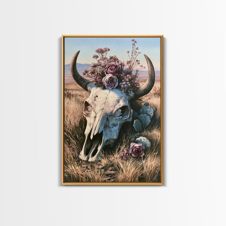 Cow Skull with Desert Flowers Framed Canvas Print, Rustic Art, Wall Art, Farmhouse Decor, Oil Painting, Rustic, RUS-2x3-25