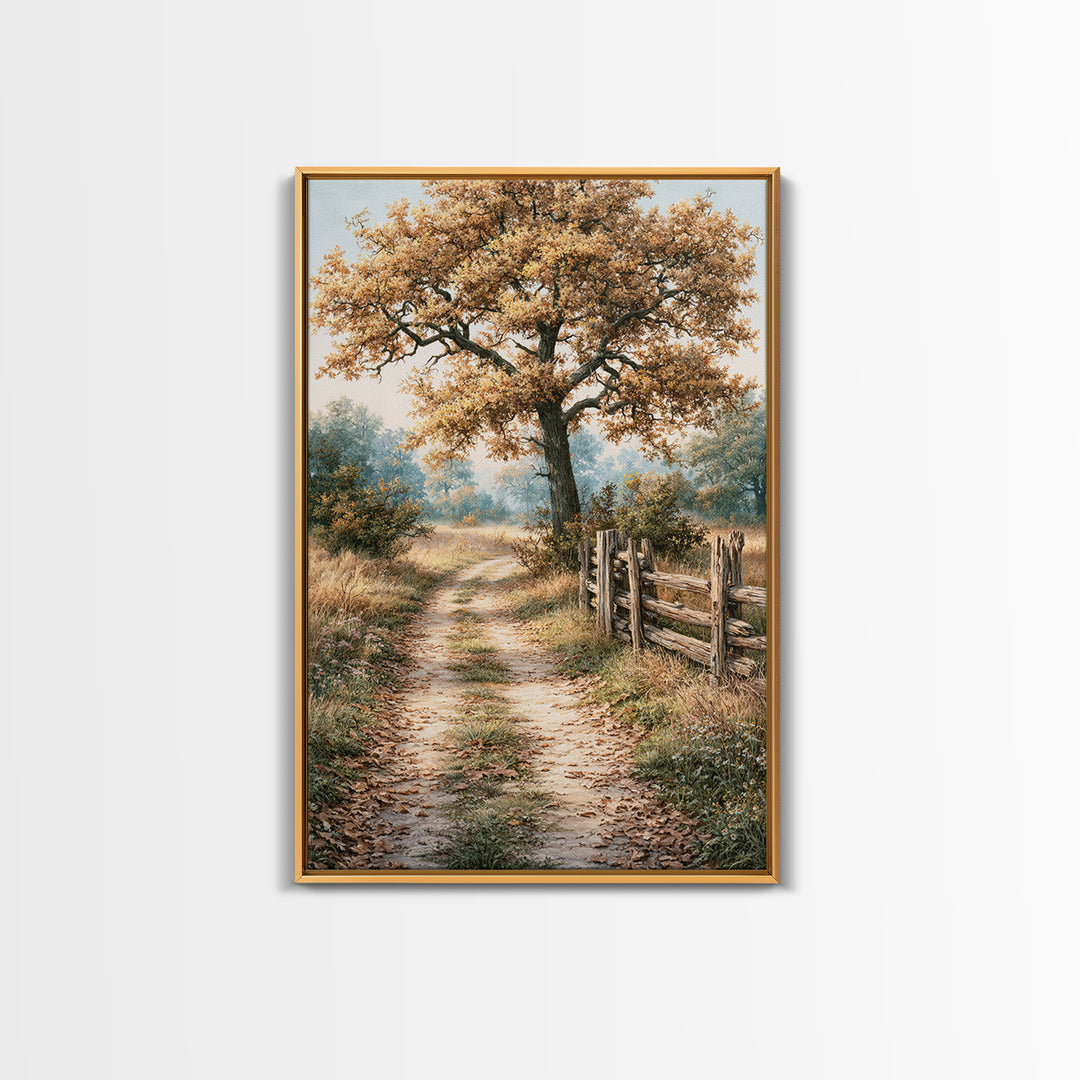Forest Path with Golden Autumn Leaves Framed Canvas Print, Rustic Art, Statement Artwork, Farmhouse Decor, Fine Art, Rustic, RUS-2x3-26