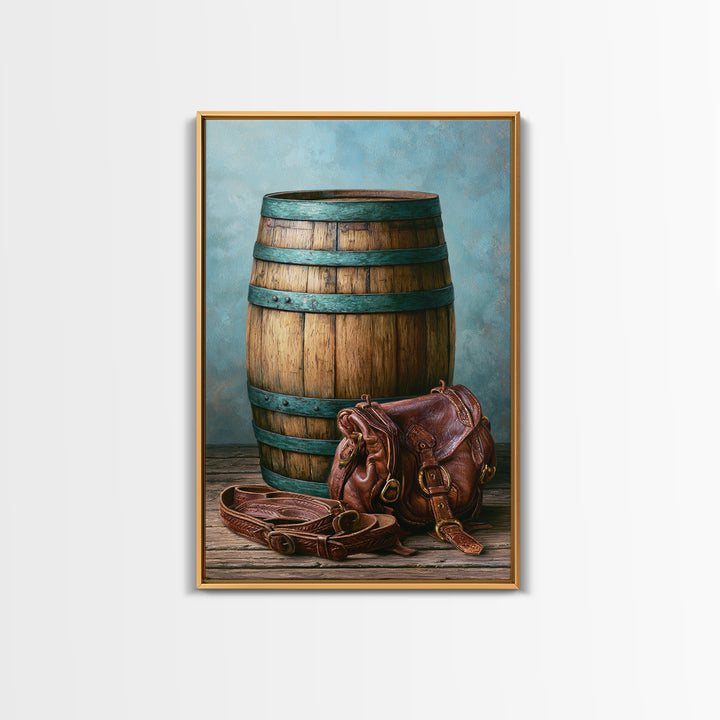 Whiskey Barrel and Leather Still Life Framed Canvas Print, Rustic Art, Downloadable Art, Farmhouse Decor, Fine Art, Rustic, RUS-2x3-3