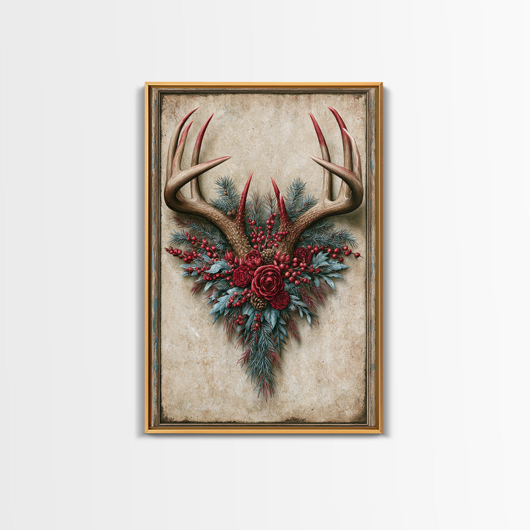 Deer Antlers with Pine Branches and Berries Framed Canvas Print, Rustic Art, Farmhouse Decor, Watercolor Art, Rustic, RUS-2x3-34