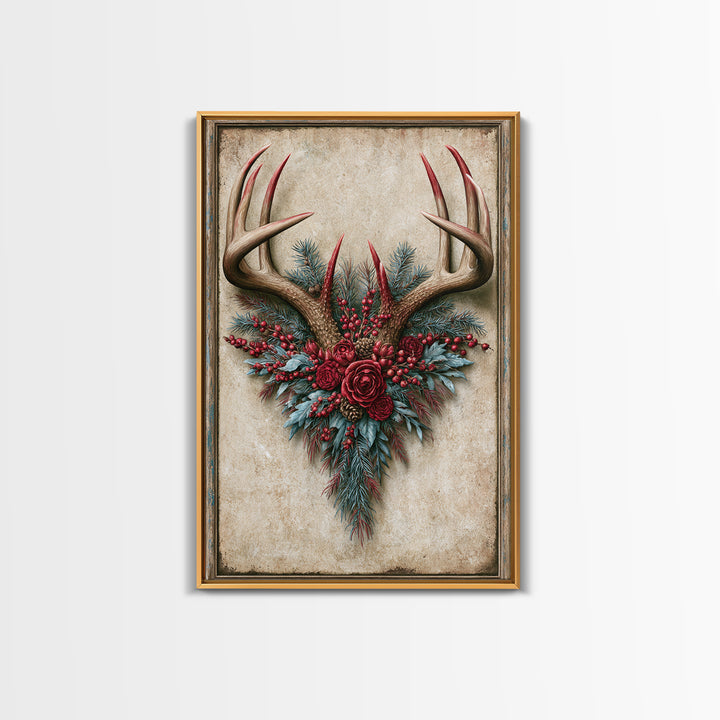 Deer Antlers with Pine Branches and Berries Framed Canvas Print, Rustic Art, Farmhouse Decor, Watercolor Art, Rustic, RUS-2x3-34