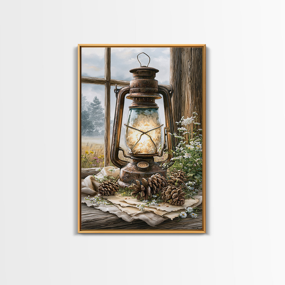 Rustic Lantern Glowing Beside Pinecones Framed Canvas Print, Rustic Art, Landscape Painting, Farmhouse Decor, Watercolor Art, RUS-2x3-36