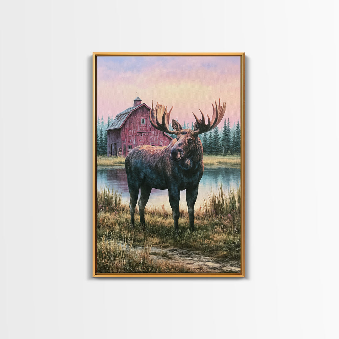 Moose Standing by a Quiet Lake Framed Canvas Print, Rustic Art, Digital Prints, Farmhouse Decor, Fine Art, Rustic, 3d Wall Art, RUS-2x3-41
