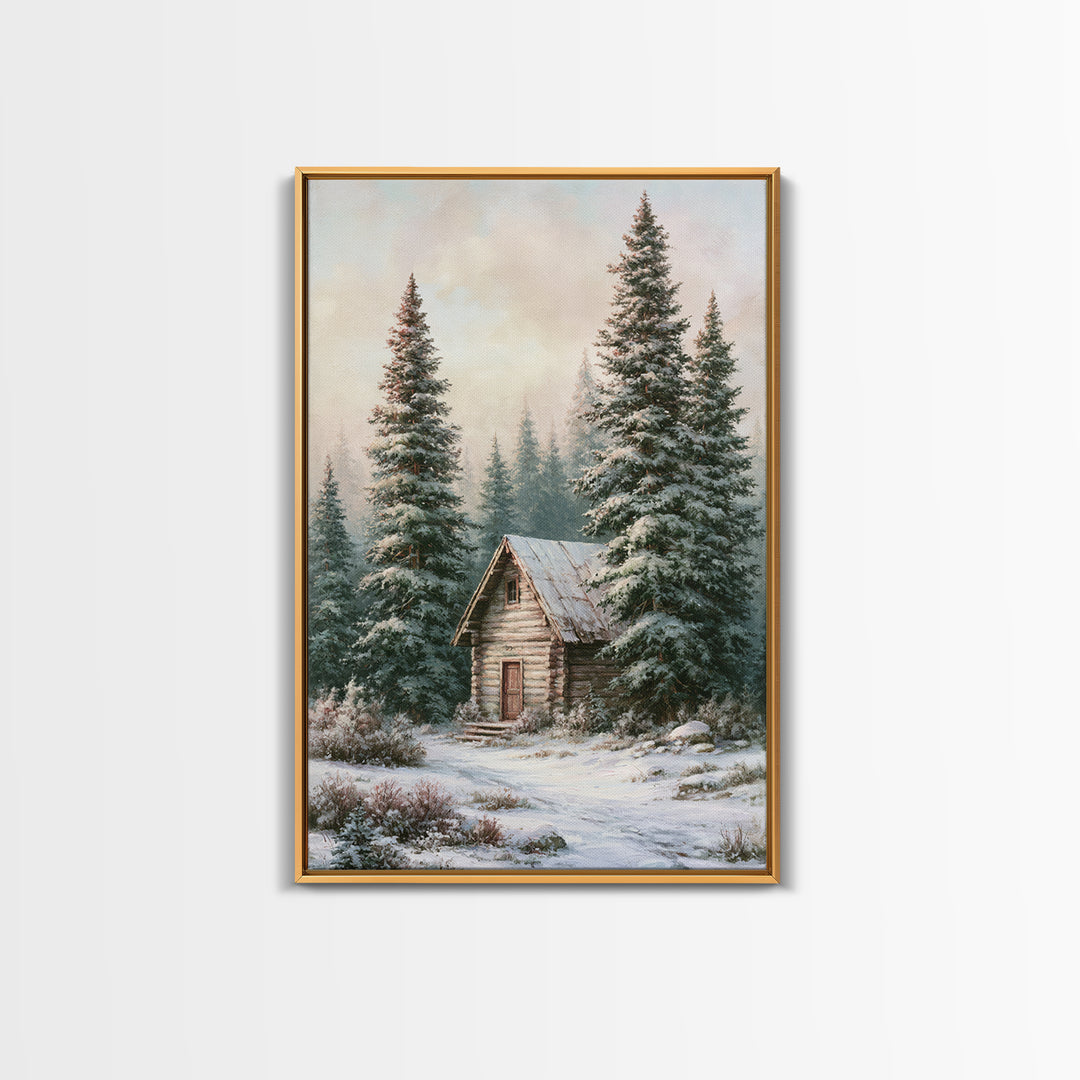 Log Cabin with Snowy Pines Framed Canvas Print, Rustic Art, Wall Art, Farmhouse Decor, Abstract Art, Rustic, Living Room Decor, RUS-2x3-47