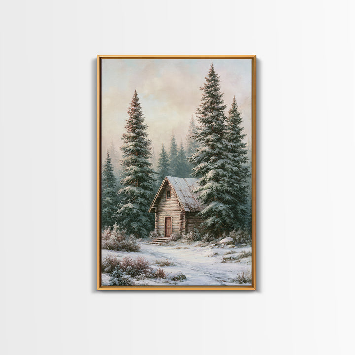 Log Cabin with Snowy Pines Framed Canvas Print, Rustic Art, Wall Art, Farmhouse Decor, Abstract Art, Rustic, Living Room Decor, RUS-2x3-47