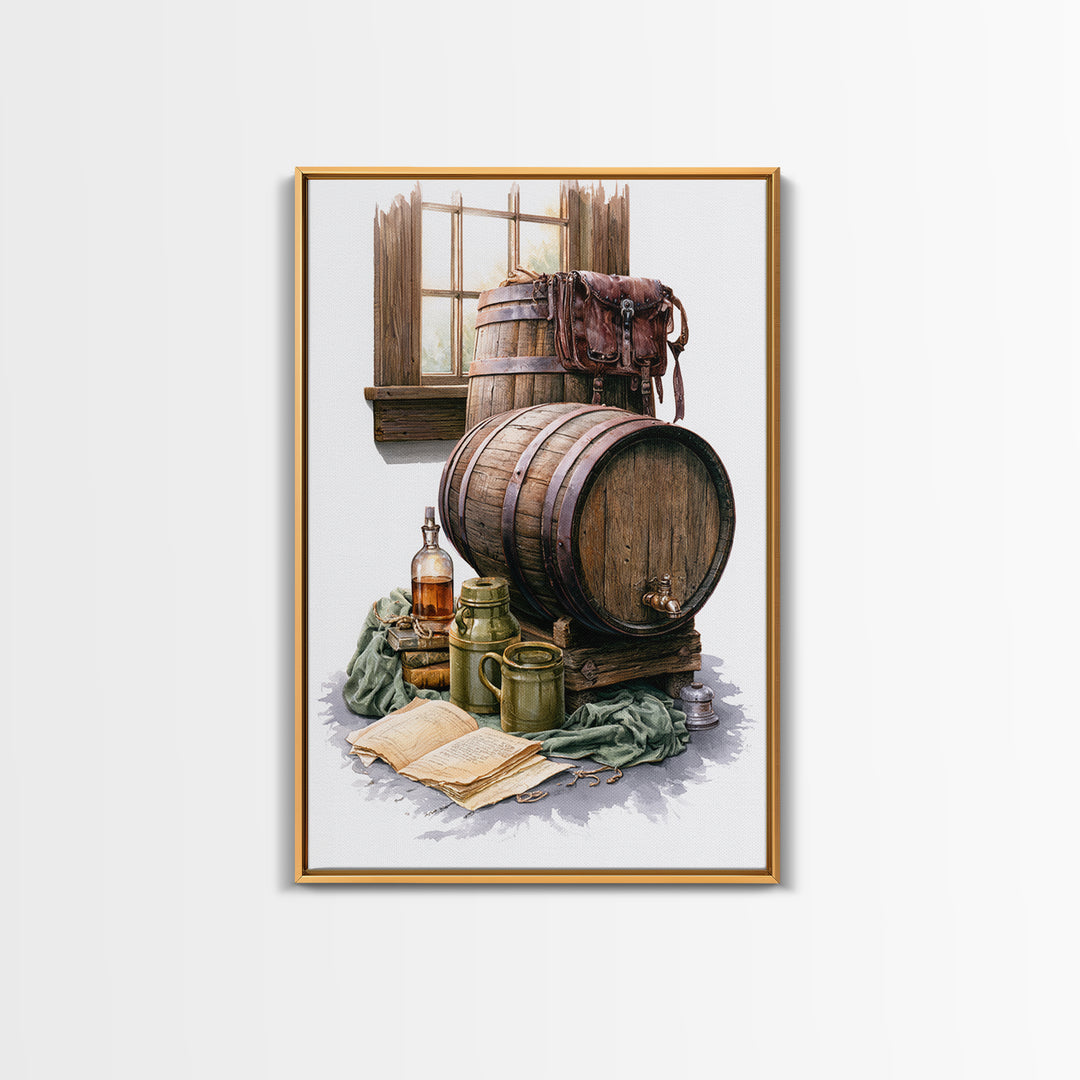 Whiskey Barrel and Leather Still Life Framed Canvas Print, Rustic Art, Room Decor, Farmhouse Decor, Oil Painting, Rustic, RUS-2x3-51