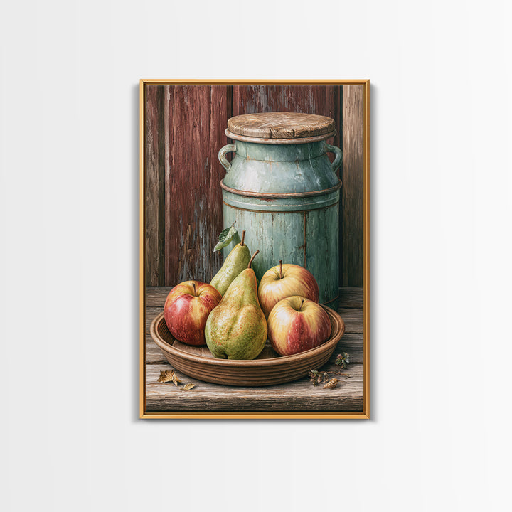 Rustic Pear and Apple Still Life Framed Canvas Print, Rustic Art, Printable Wall Art, Farmhouse Decor, Oil Painting, Rustic, RUS-2x3-53