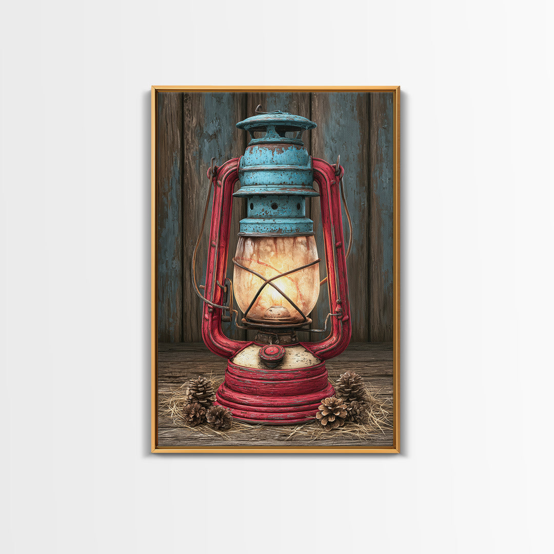 Rustic Lantern Glowing Beside Pinecones Framed Canvas Print, Rustic Art, Wall Art, Farmhouse Decor, Fine Art, Rustic, RUS-2x3-60