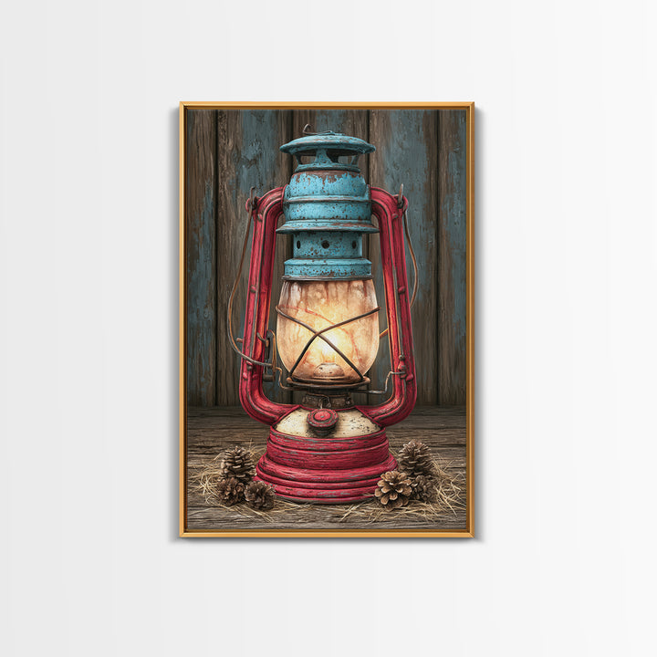 Rustic Lantern Glowing Beside Pinecones Framed Canvas Print, Rustic Art, Wall Art, Farmhouse Decor, Fine Art, Rustic, RUS-2x3-60
