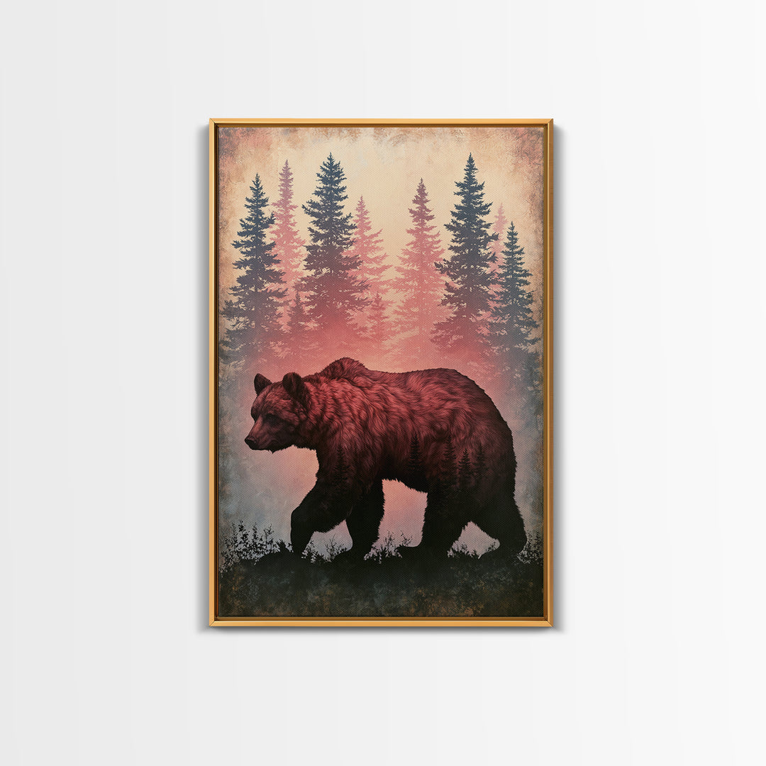 Bear Silhouette Among Pine Trees Framed Canvas Print, Rustic Art, Digital Prints, Farmhouse Decor, Watercolor Art, Rustic, RUS-2x3-63