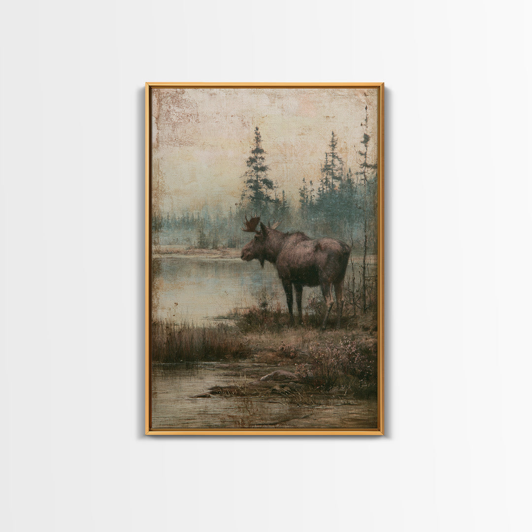 Moose Standing by a Quiet Lake Canvas Print, Rustic Art, Wood Wall Art, Farmhouse Decor, Oil Painting, Rustic, RUS-2x3-65