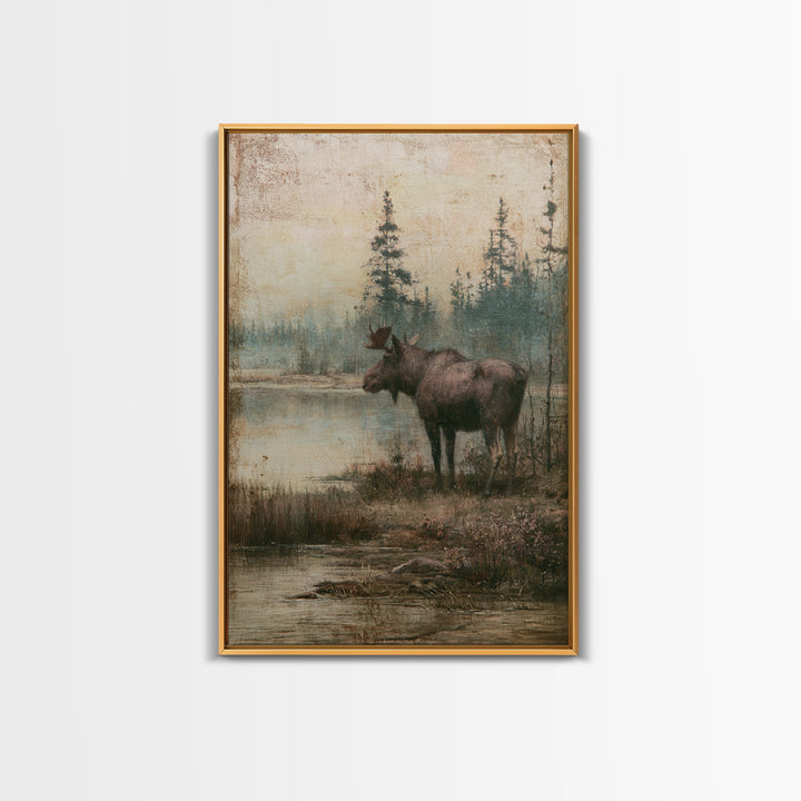 Moose Standing by a Quiet Lake Canvas Print, Rustic Art, Wood Wall Art, Farmhouse Decor, Oil Painting, Rustic, RUS-2x3-65