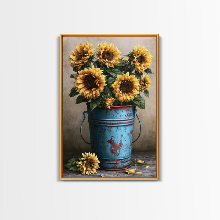 Sunflowers in a Metal Bucket Framed Canvas Print, Rustic Art, Oil Painting, Farmhouse Decor, Rustic, Modern Art, RUS-2x3-68